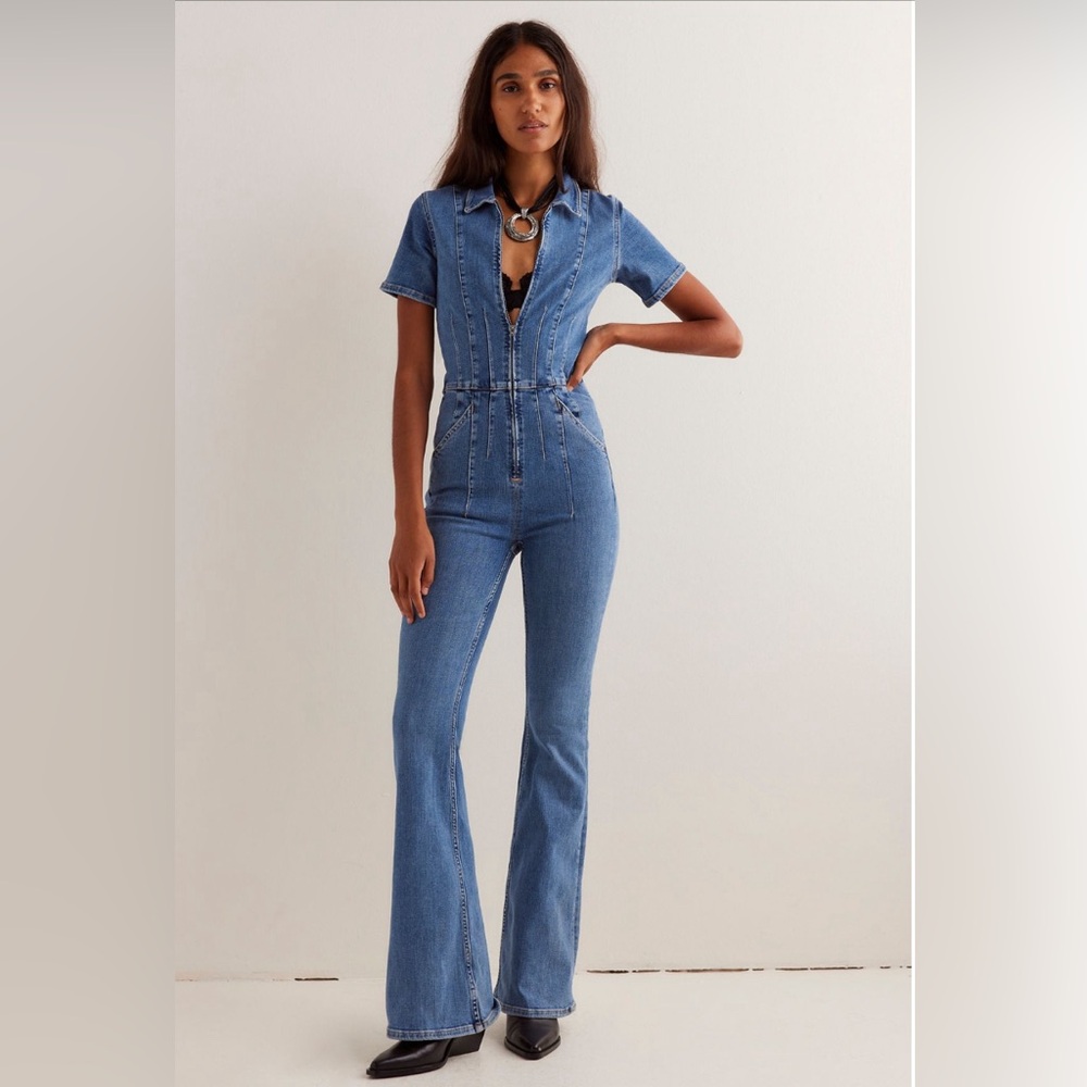Free People Denim Zip-Up Flare Jumpsuit "Jayde" - New With Tags